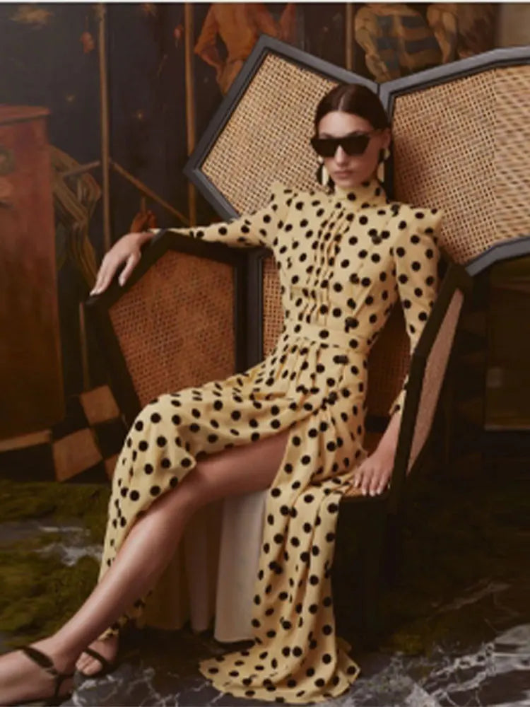Elegant Polka Dot Printed Women's Slit Maxi Dress Chic Mock Neck Shoulder Pads Backless Robe Spring Female Fashion Vestidos Yellow