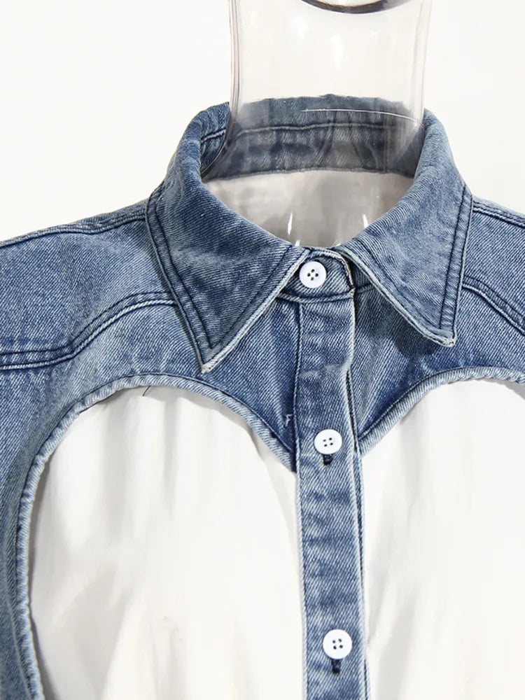 DEAT Fashion Women's Denim Shirt Lapel Loose Hollow Out Single Breasted Denim Splice Fake Two Pcs Blouse Summer New 17A8112