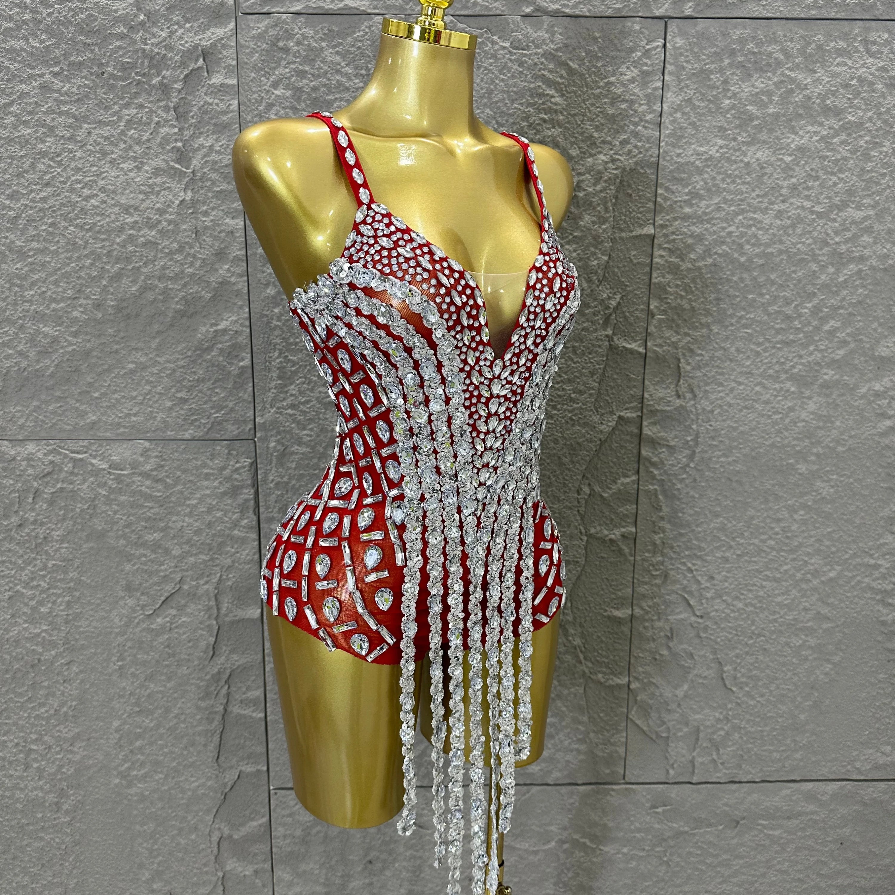 Sexy Sheer Mesh Bodysuit Women Spaghetti Strap V-Neck Full Crystal Embellished Fringe Bodycon Outfit Stage Performance Costume