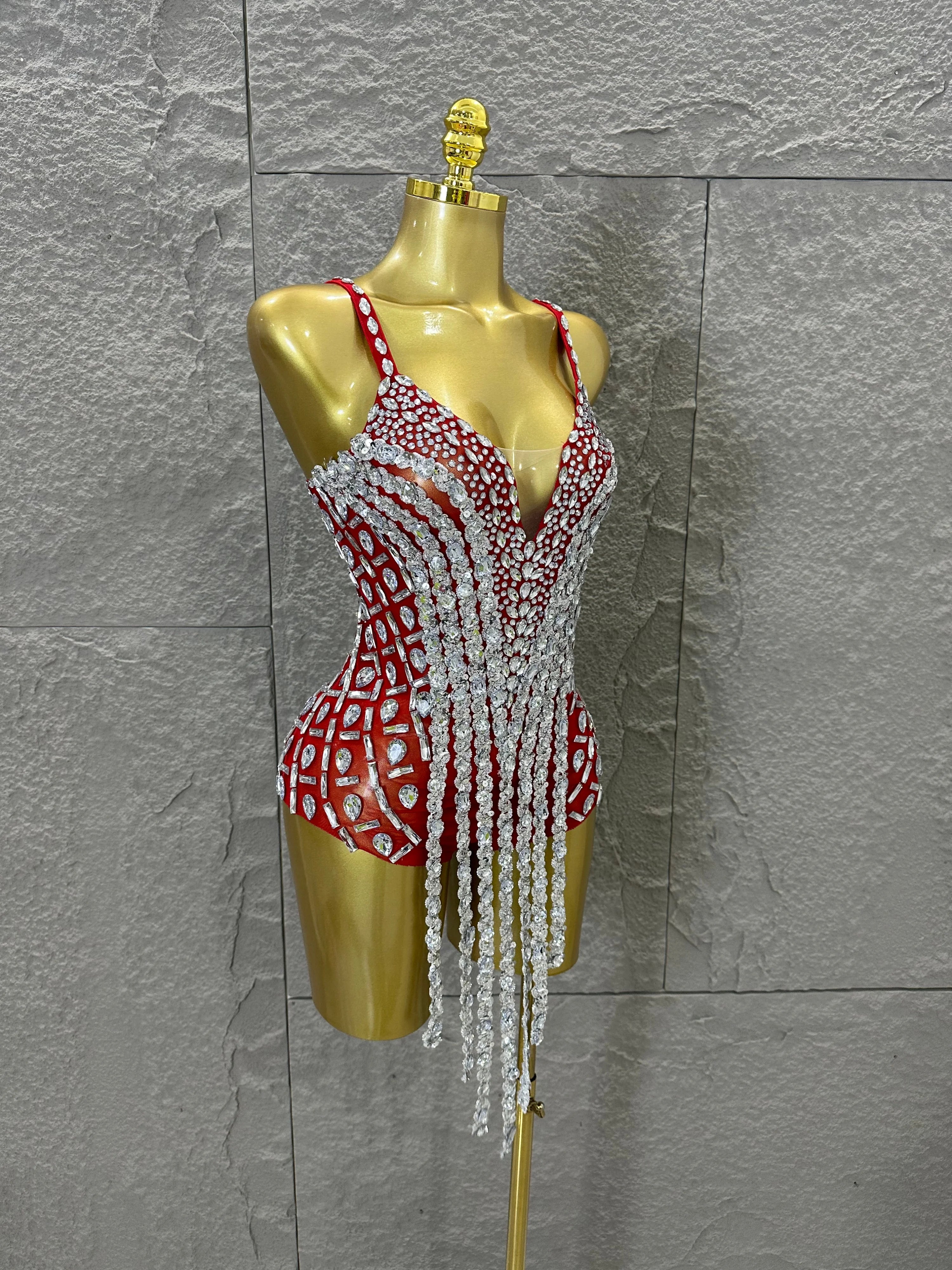 Sexy Sheer Mesh Bodysuit Women Spaghetti Strap V-Neck Full Crystal Embellished Fringe Bodycon Outfit Stage Performance Costume