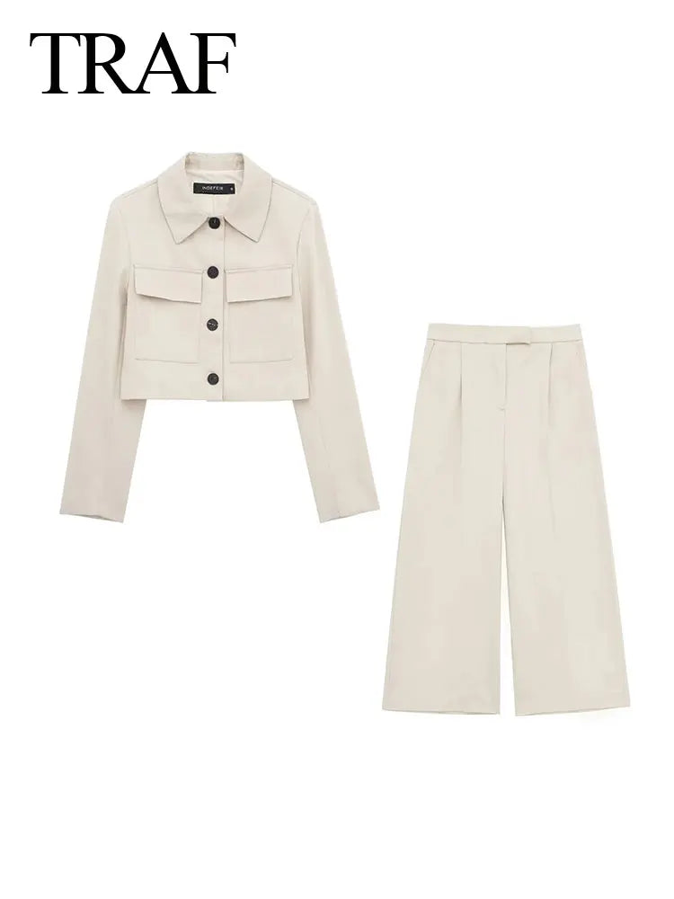 TRAF Spring Women's Fashion Beige Blazer Suit Single Breasted Jacket Women's High Waist Casual Baggy Pants 2-piece Set