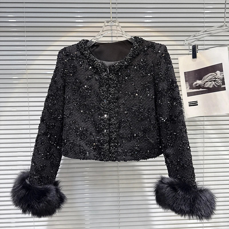 Winter New Fashion Fox Fur Cuff Beaded Edge Cotton Inner Short Coat For Women High-end Elegant Jacket Female 11A07516 Black