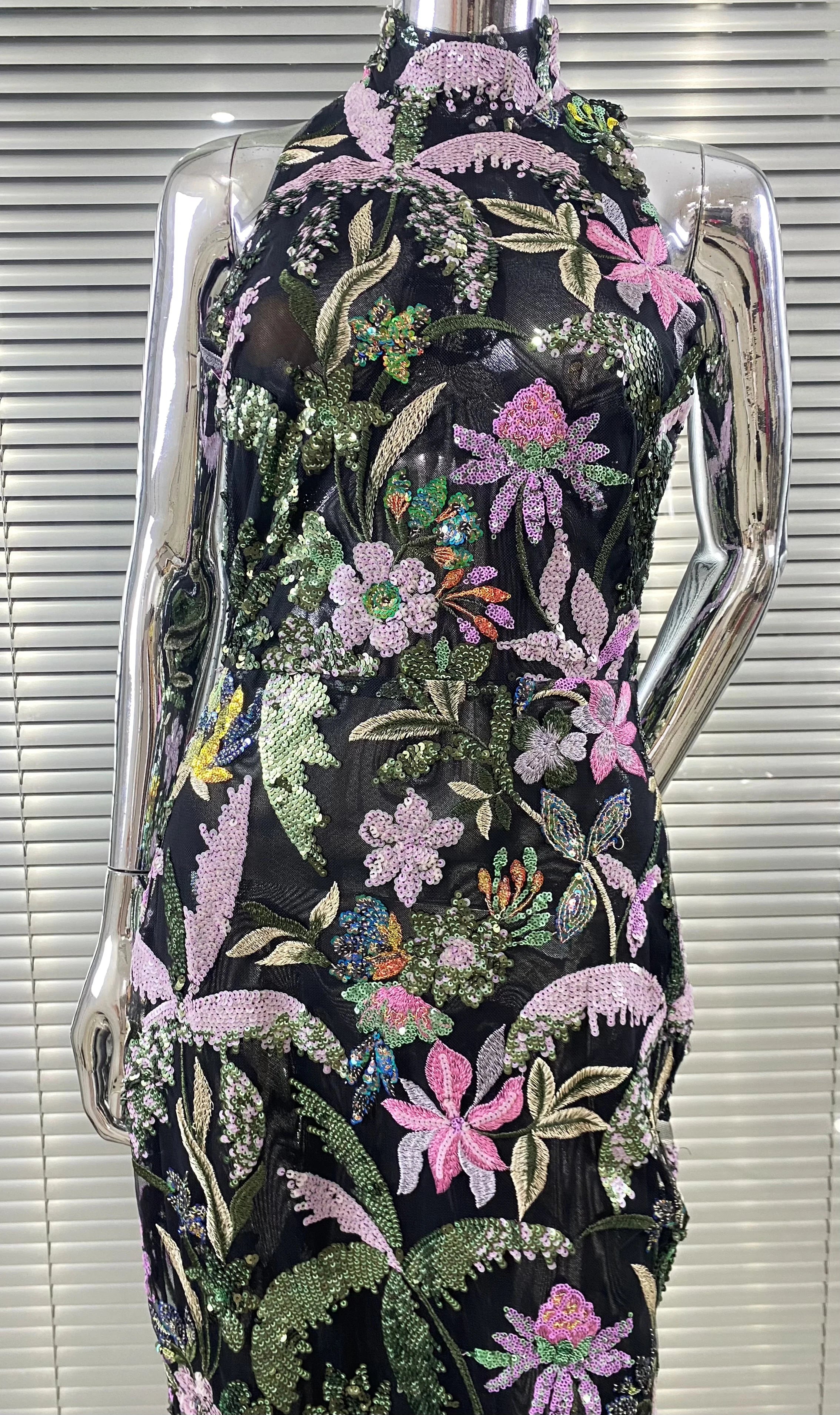 2024 Sequin Flowers Embroidery O-Neck Sleeveless Sheath Ankle Length Dress Gracful Woman Evening Dress Celebrity Party Outfit