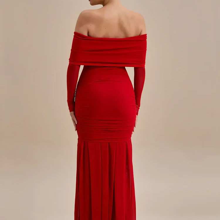 Off-shoulder Strapless Rose Sexy Maxi Dress For Women Fashion Long Sleeve Backless Ruched Bodycon Club Party Dress