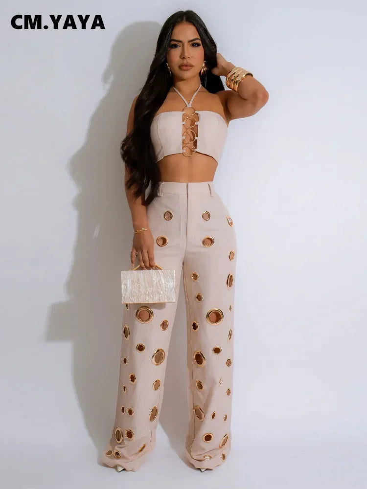 CM.YAYA Women Set Sleeveless Strapless Tops +Wide Leg Pants Two 2 Piece Set Hole Hollow Out Outfit Summer Sexy Street Tracksuit