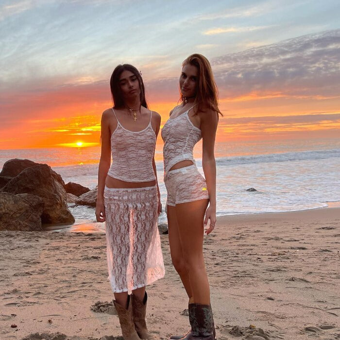 Women y2k Skirt Sets Suit 2Pcs Suit Lace Flower See Through Sleeveless Camisole + Wrapped Midi Skirt Summer Beach Outfits