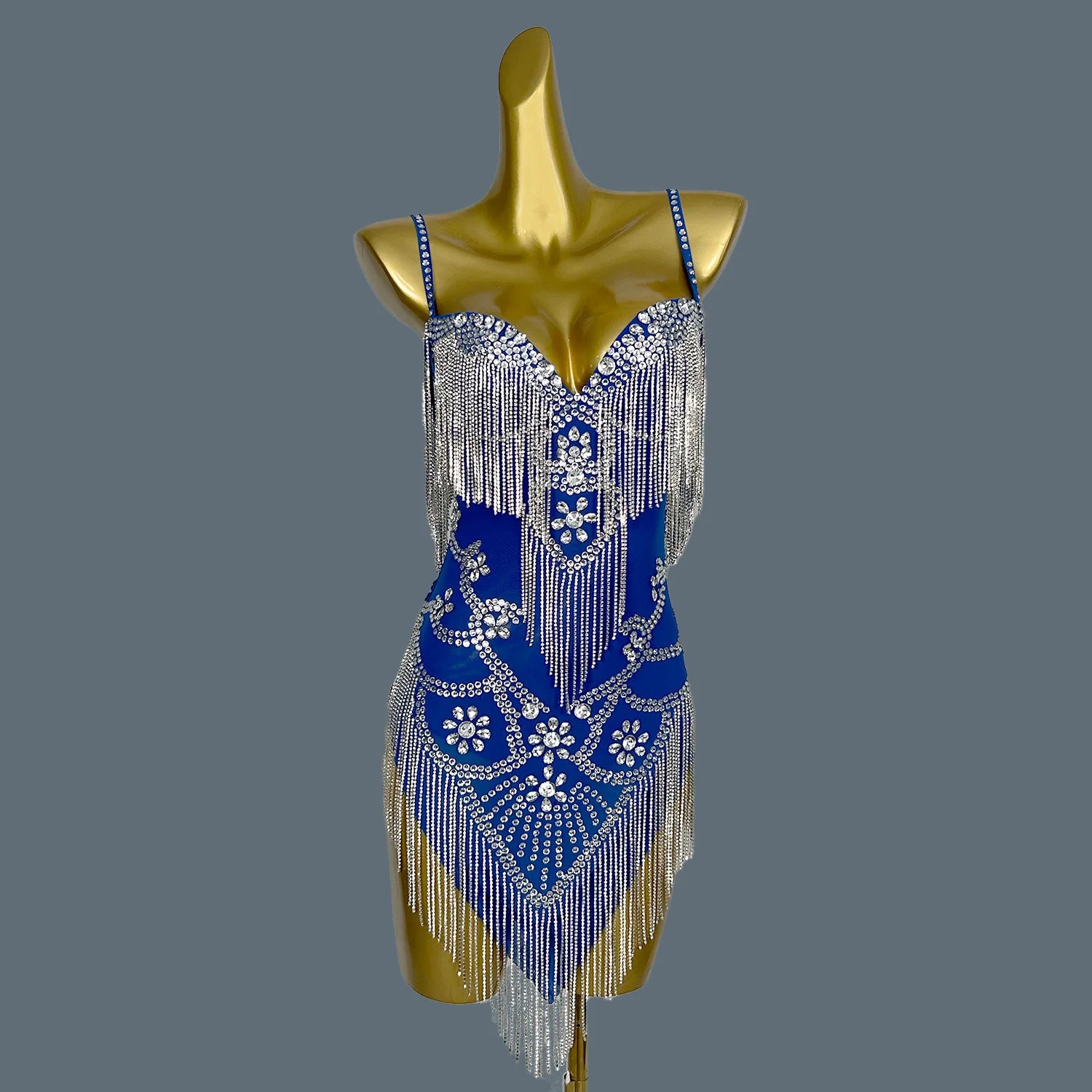 Sexy Backless Pink Diamond Dress Mesh Elastic Strap Dress Club Dinner Birthday Party Dress Stage Performance Costume Yelian Blue