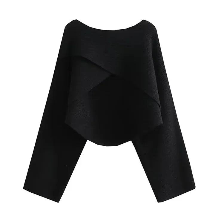 Short Pullovers Sweaters Autumn Winter 2024 Streetwear Knitted Sweater Women's Long Sleeve Cross Irregular Solid Y2K Tops 22933 Black One Size