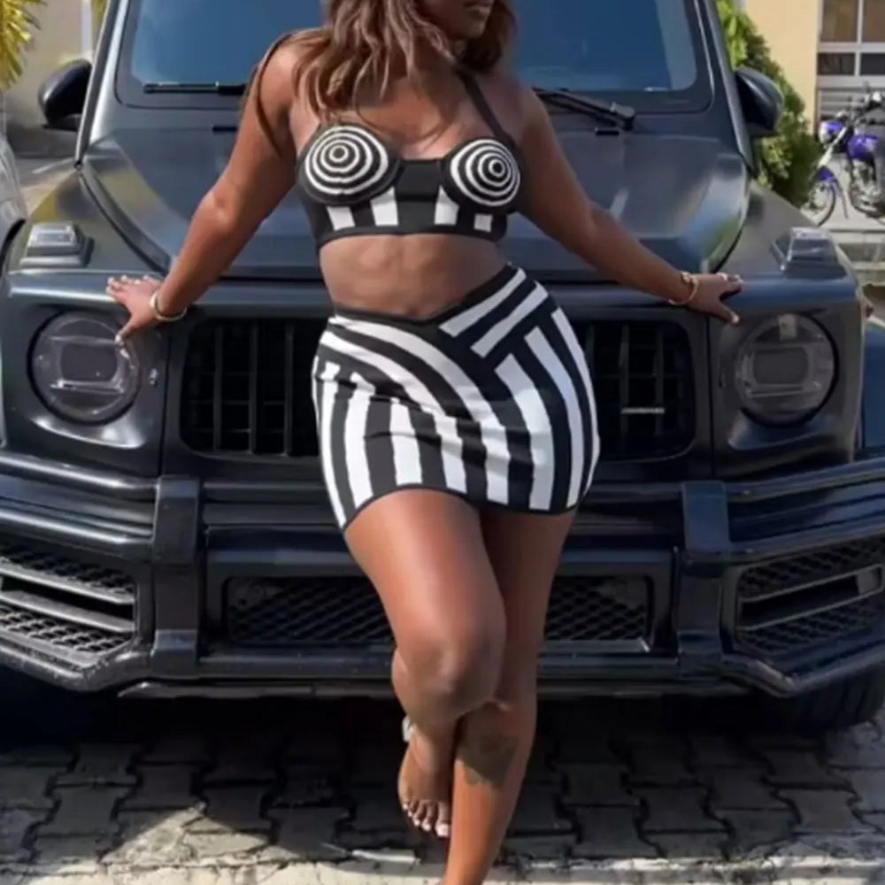 2024 Sexy Women'S Striped Short Skirt Set Hanging Neck Style Sleeveless Backless Ultra Short Vest Top+Mini Skirt Two-Piece Set