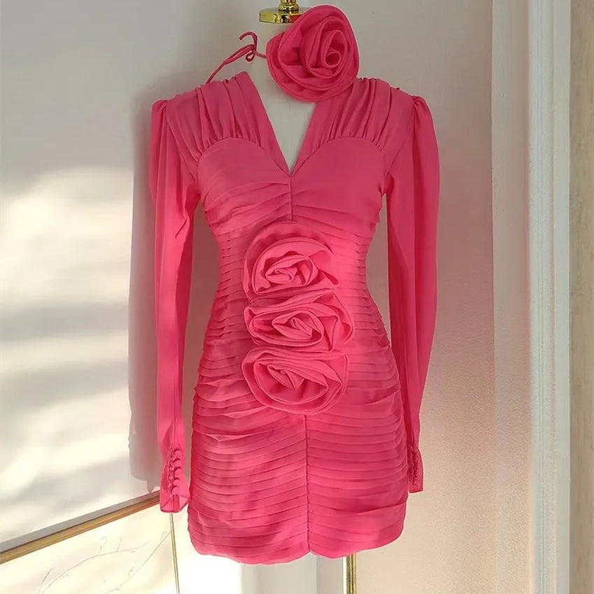 New French Spring 3D Rose Floral Chiffon Pleated Mini Dress Runway Women Sexy V Neck Puff Sleeve Folds Slim Bodycon Party Dress