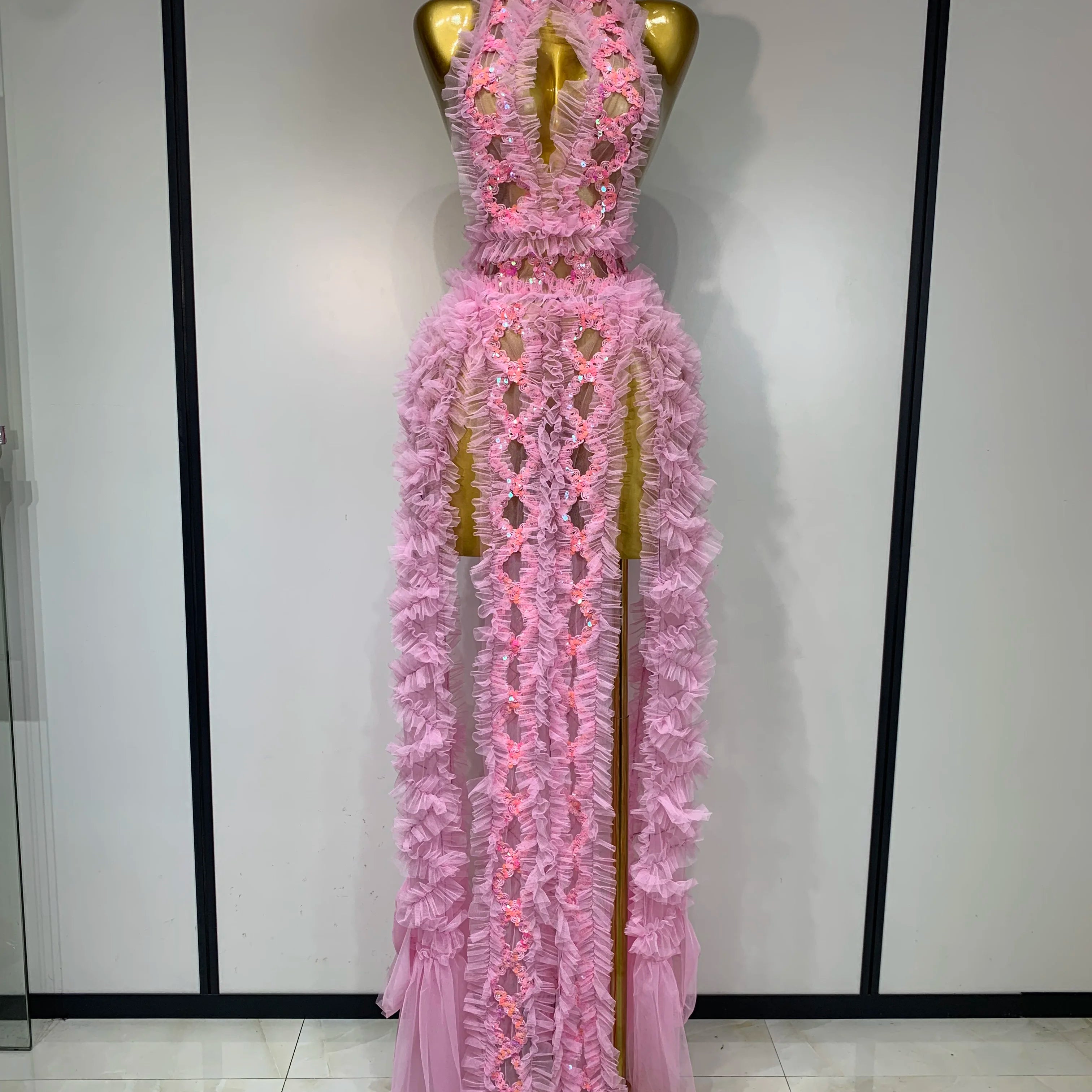 Black Mesh Sequins Sexy Halter See Through Dress 2025 Evening Party Prom Nightclub Singer Performance Costume Stage Wear Pink