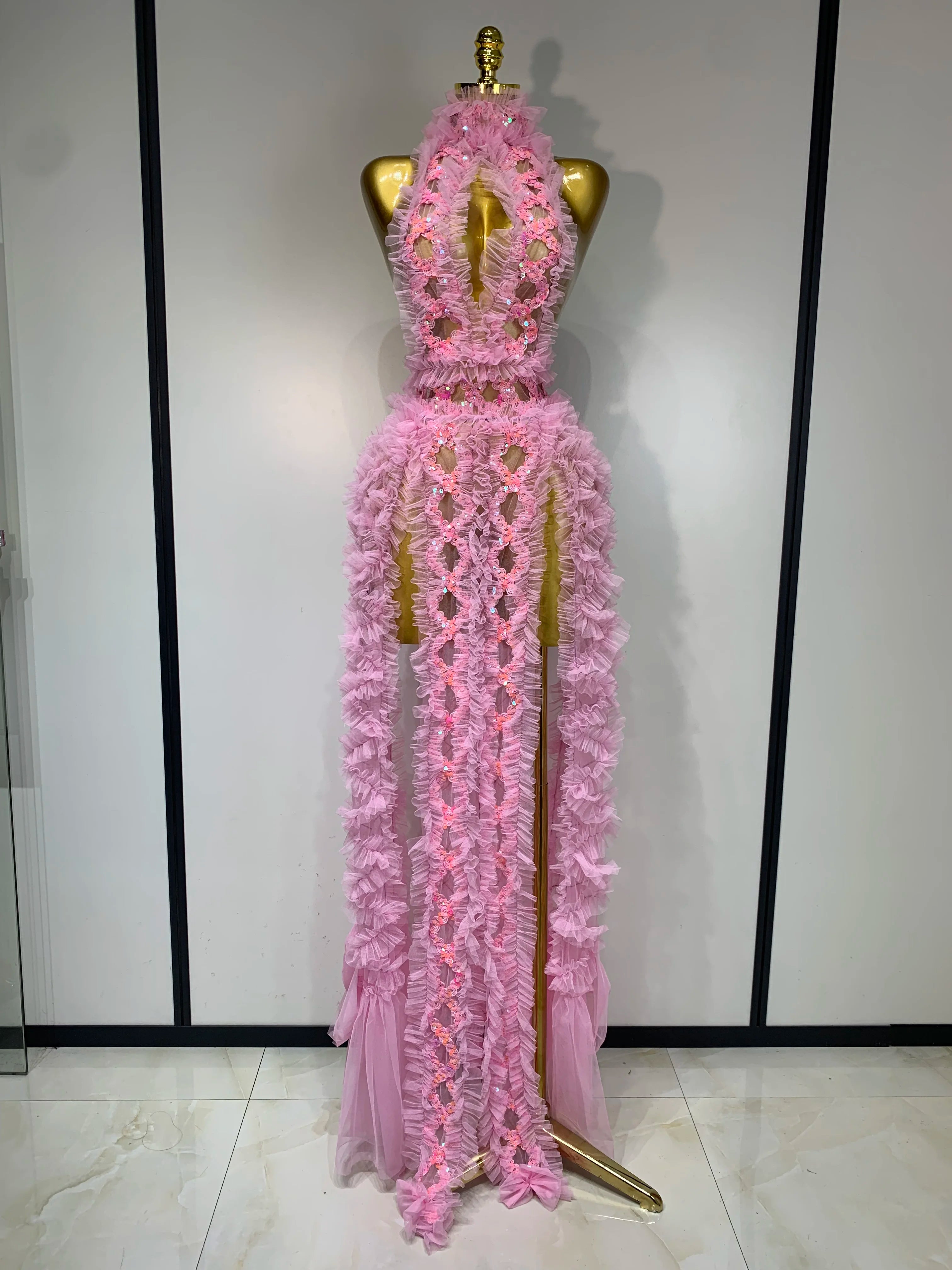 Black Mesh Sequins Sexy Halter See Through Dress 2025 Evening Party Prom Nightclub Singer Performance Costume Stage Wear Pink