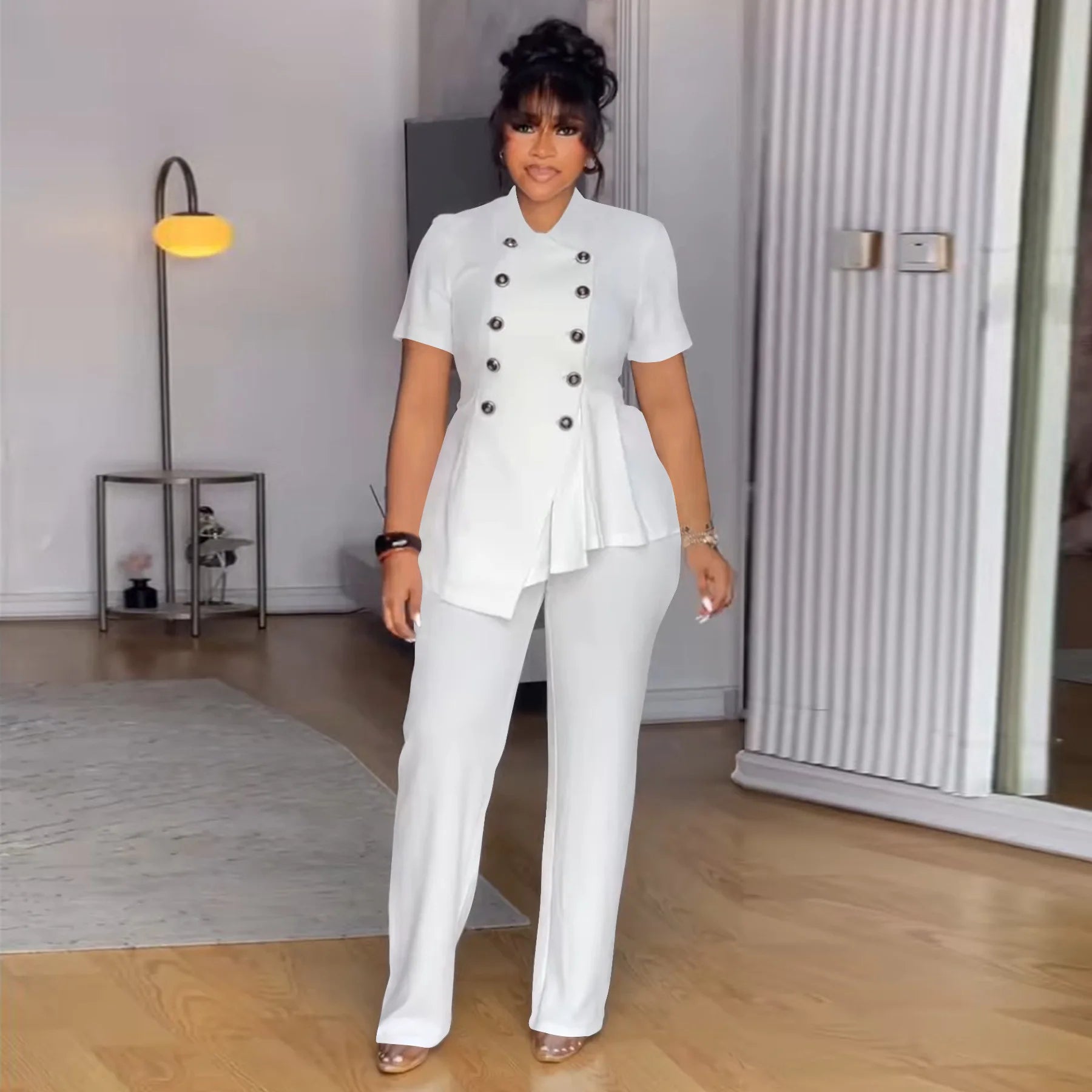 Plus Size Summer 2 Two Piece Set Women Irregular Ruffle Pleated Fashion Ladies Blouses Casual Bodycon Woman Pencil Pant WHITE