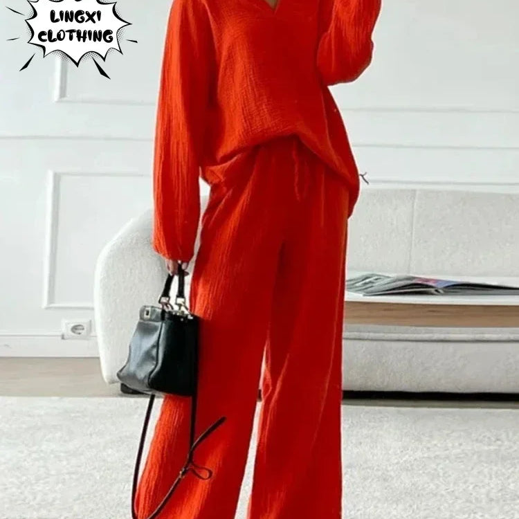 2024 Summer Fashion New Plus Size Women's Wear Set with Polo Collar Cotton Hemp Pants Elegant Solid Color Two Piece Set