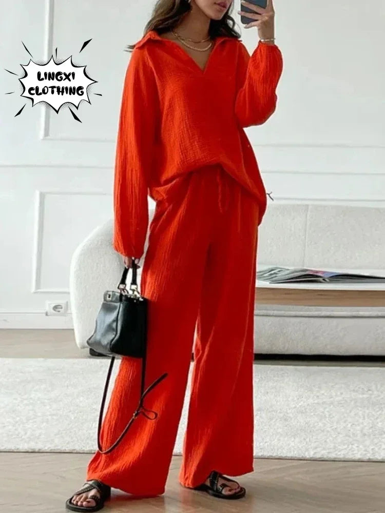 2024 Summer Fashion New Plus Size Women's Wear Set with Polo Collar Cotton Hemp Pants Elegant Solid Color Two Piece Set