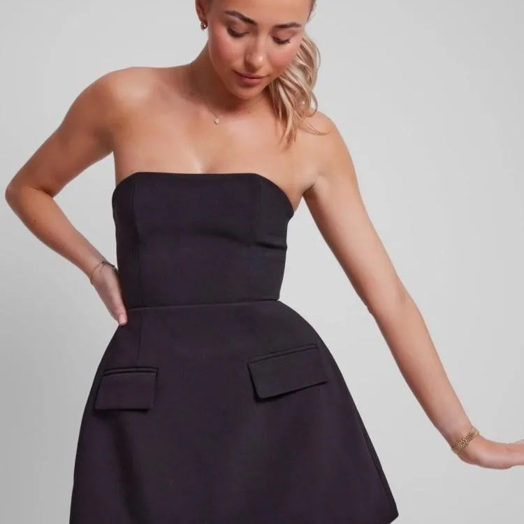 Sexy Solid Strapless Mini Dress For Women Elegant Slim Backless Pockets A-line Dresses Female Chic High Street Vestido Robe