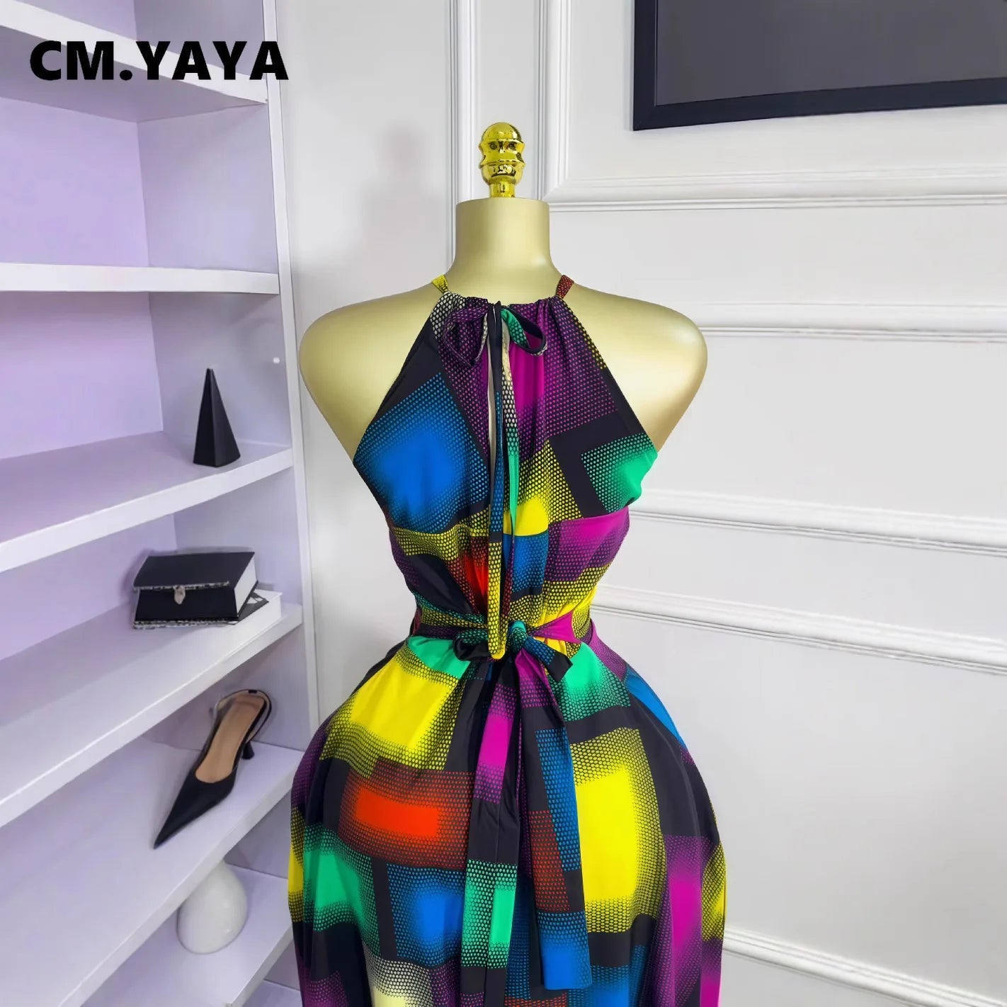 CM.YAYA Women Printed Halter Sleeveless Tank Maxi Long Dress 2025 Summer Beach Birthday Sexy Vacation Party Evening Dresses