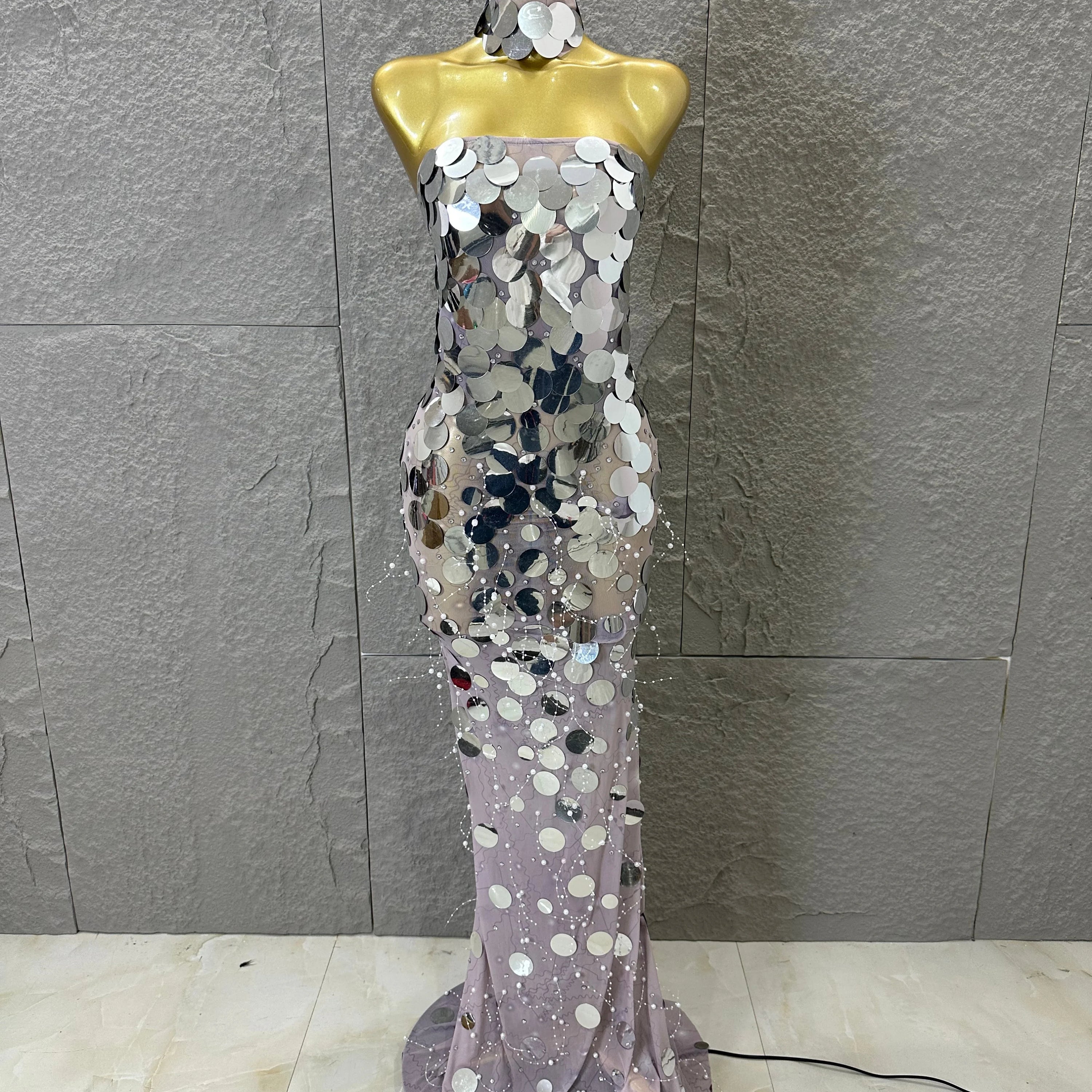 Opulent Silver Gold Sequin Maxi Dress Women Sexy Strapless Sheer Mesh Beaded Trim Bodycon Outfit Evening Gala Party Costume Silver