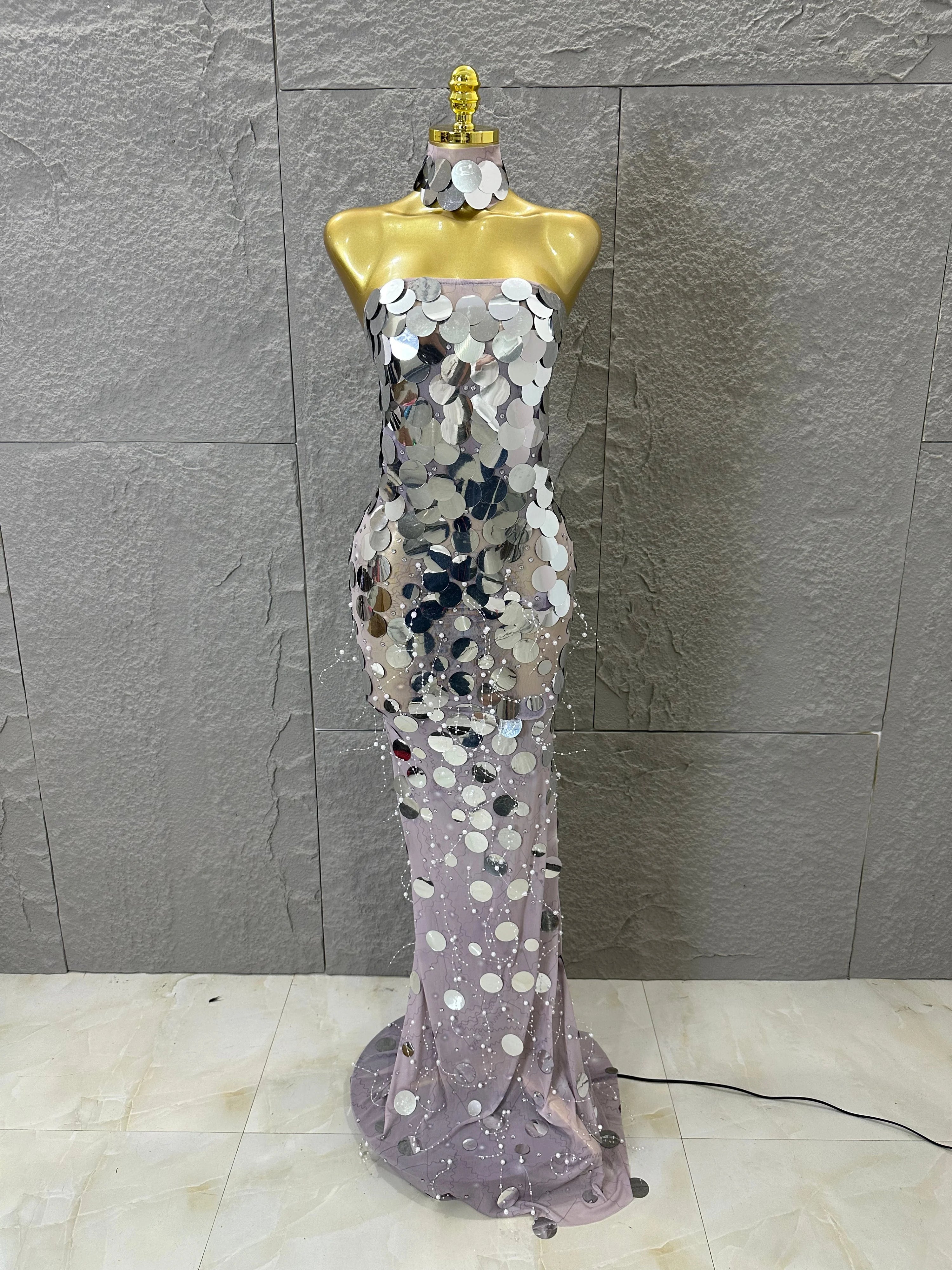 Opulent Silver Gold Sequin Maxi Dress Women Sexy Strapless Sheer Mesh Beaded Trim Bodycon Outfit Evening Gala Party Costume Silver