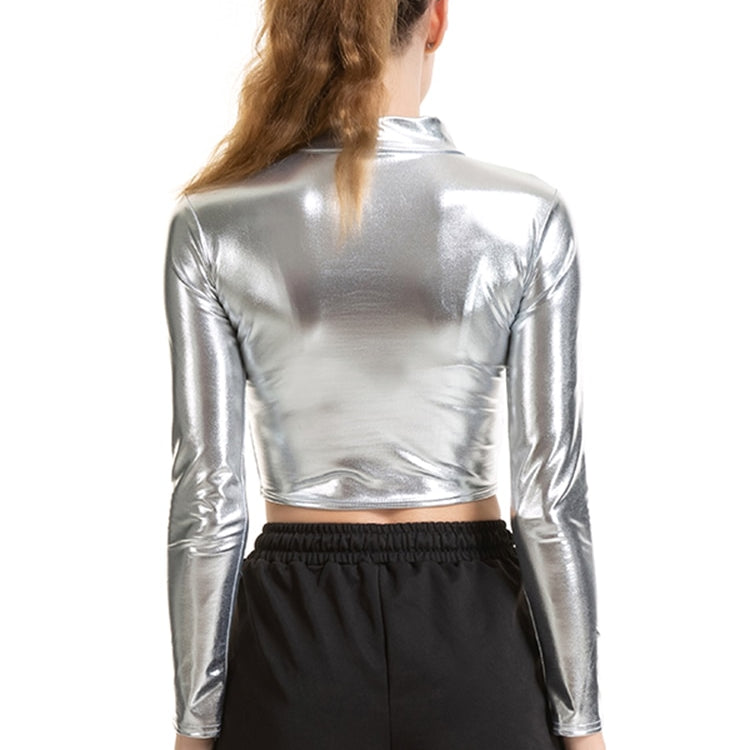 PU Short Top Women Shiny Leather Top High Street Turtleneck Dance Clubwear Long Sleeve Tops Gold Silver Costumes T shirt