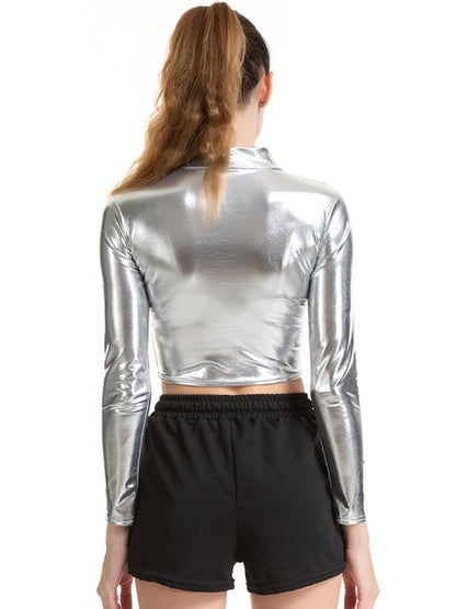 PU ショートトップ女性光沢のあるレザートップハイストリートタートルネックダンスクラブウェア長袖トップスゴールドシルバー衣装 Tシャツ