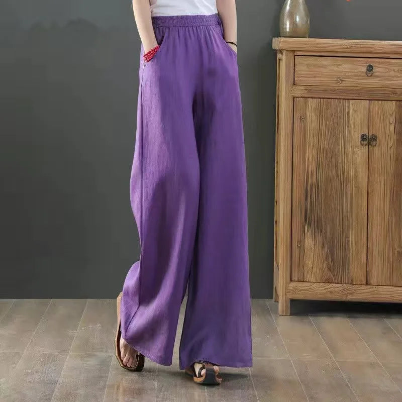 Cotton Linen Wide Leg Pants 4xl Big Size Trousers Women Summer Elastic Waist Casual Ankle-length Pantalones Baggy Sweatpant purple