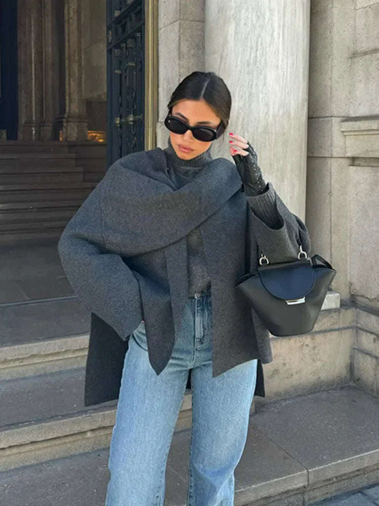 New Fashion Scarf Collar Woolen Jackets For Women Elegant Long Sleeved Side Split Casual Coats Female Chic Autumn Overcoats