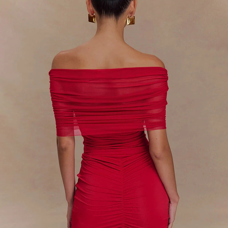 Charming Red Off-Shoulder Dress with Ruched Details for Elegant Dinner Party Evening Gown