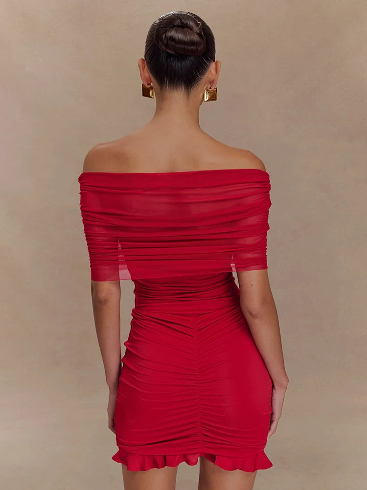 Charming Red Off-Shoulder Dress with Ruched Details for Elegant Dinner Party Evening Gown