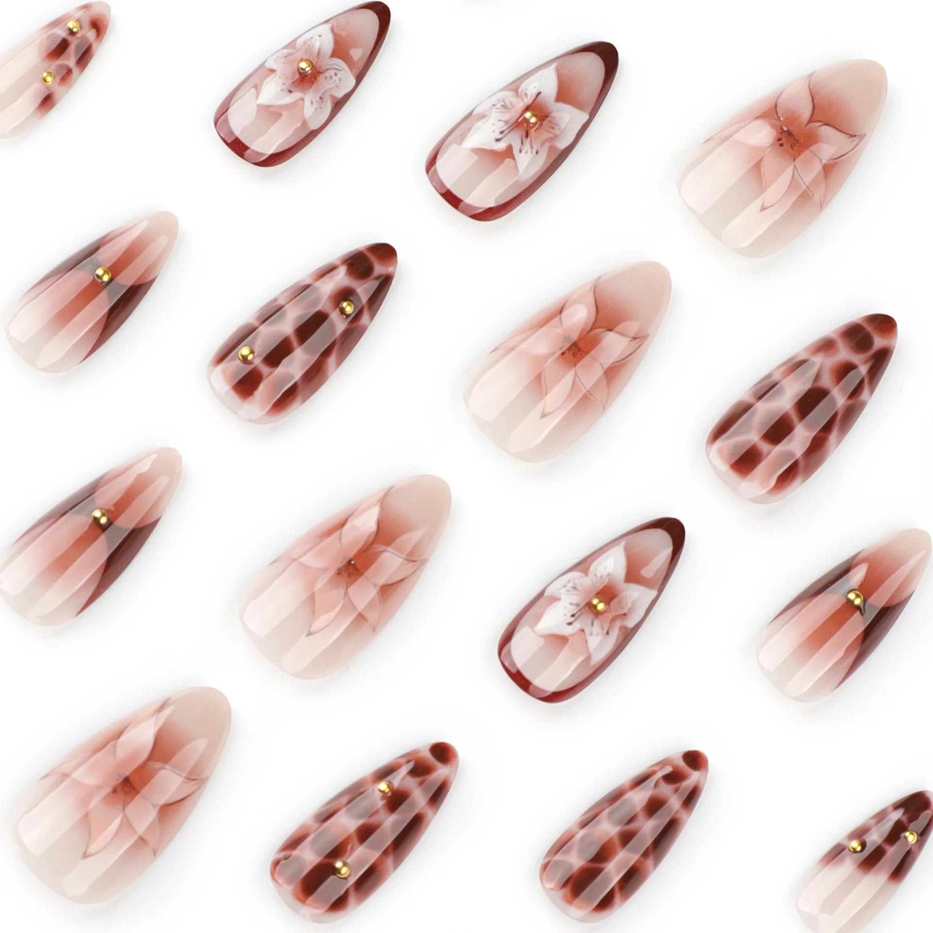 24pcs Retro Almond Press On Nails Brown Marble Cracks Ice Flower Printed False Nails European Wearable French Style Fake Nail