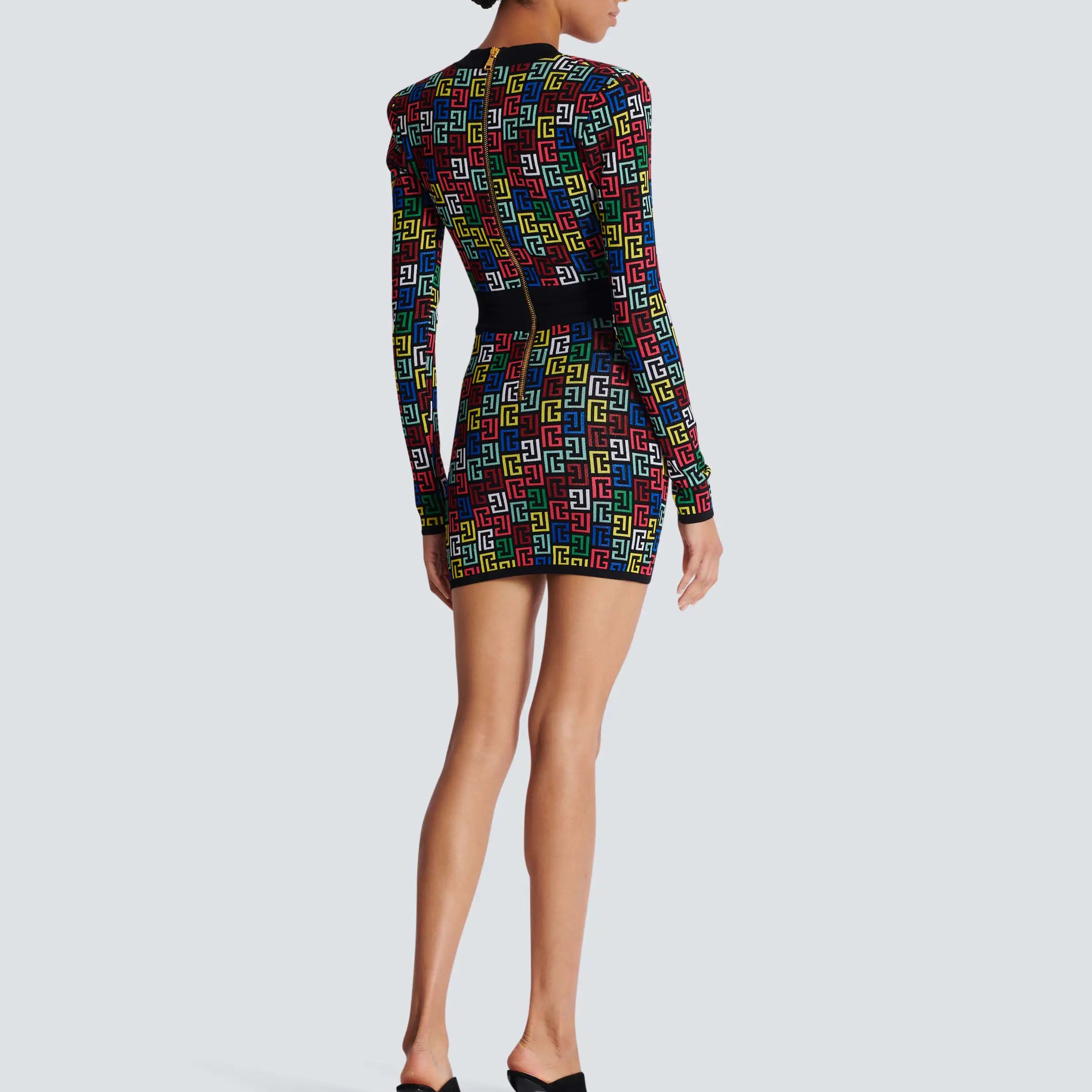 2024 Women Long Sleeve Deep V-Neck Bodycon Mini Jacquard Bandage Dress Elegant Evening Party Cocktail Outfit