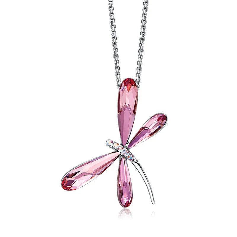 Cute Pink Blue Dragonfly Pendant Necklace for Women Girls Real Austrian Crystals Animal Necklaces Fashion Jewelry Free Shipping Pink