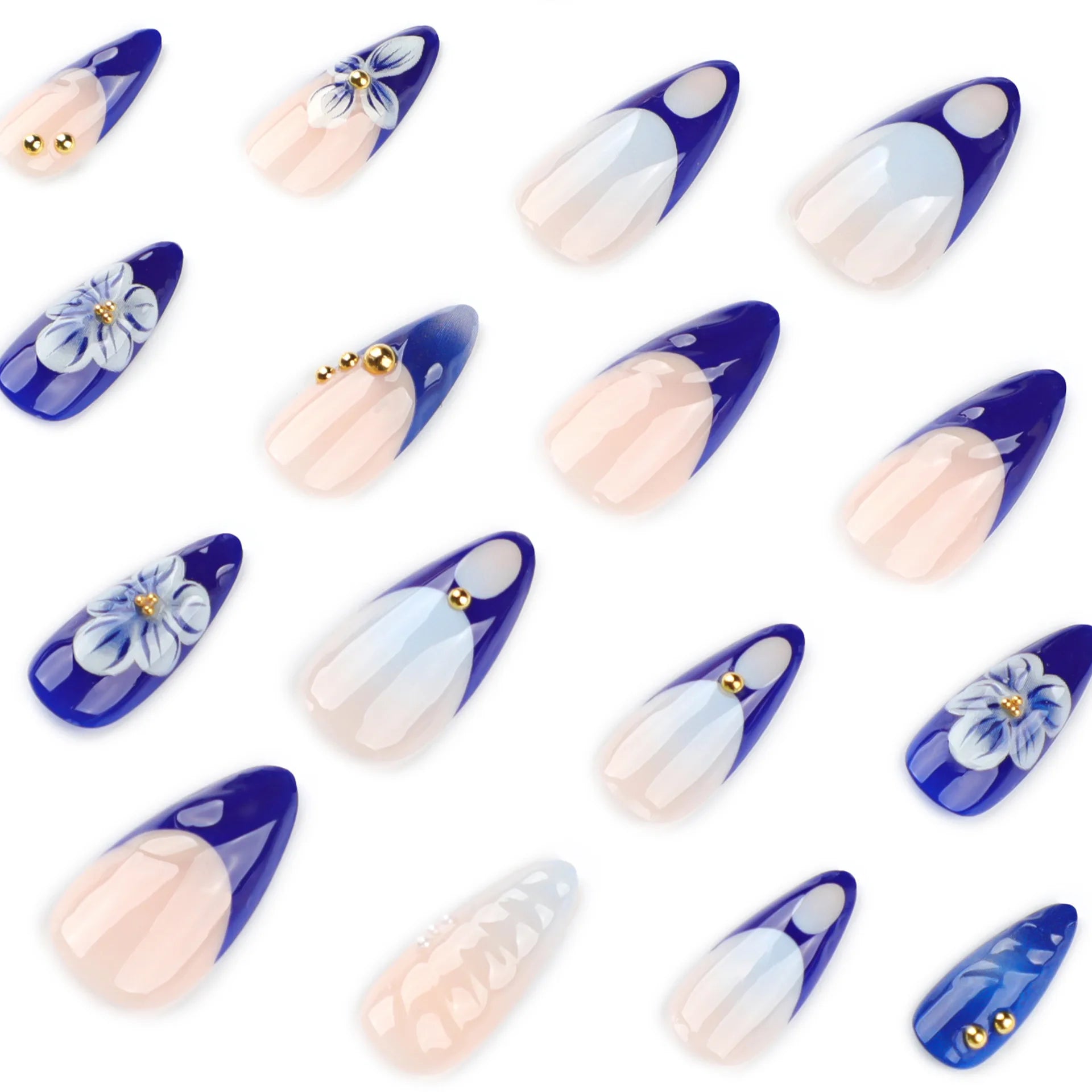 24pcs 3D Flower Design Press on Nails Blue French Almond False Nail Tips for Women Wearable Reusable European Fashion Fake Nails