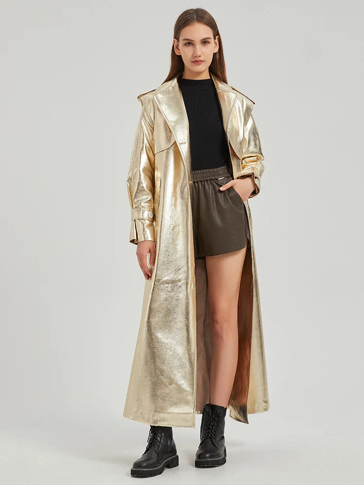 Autumn Extra Long Gold Shiny Patent Pu Leather Trench Coat for Women Single Breasted Luxury Designer Overcoat 2024 Gold