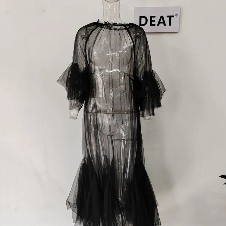 DEAT Summer Women's Dress New Fashion Round Neck Loose Gauze Spliced Ruffles Sleeve Ankle-length Dresses Female JR77101 black One Size