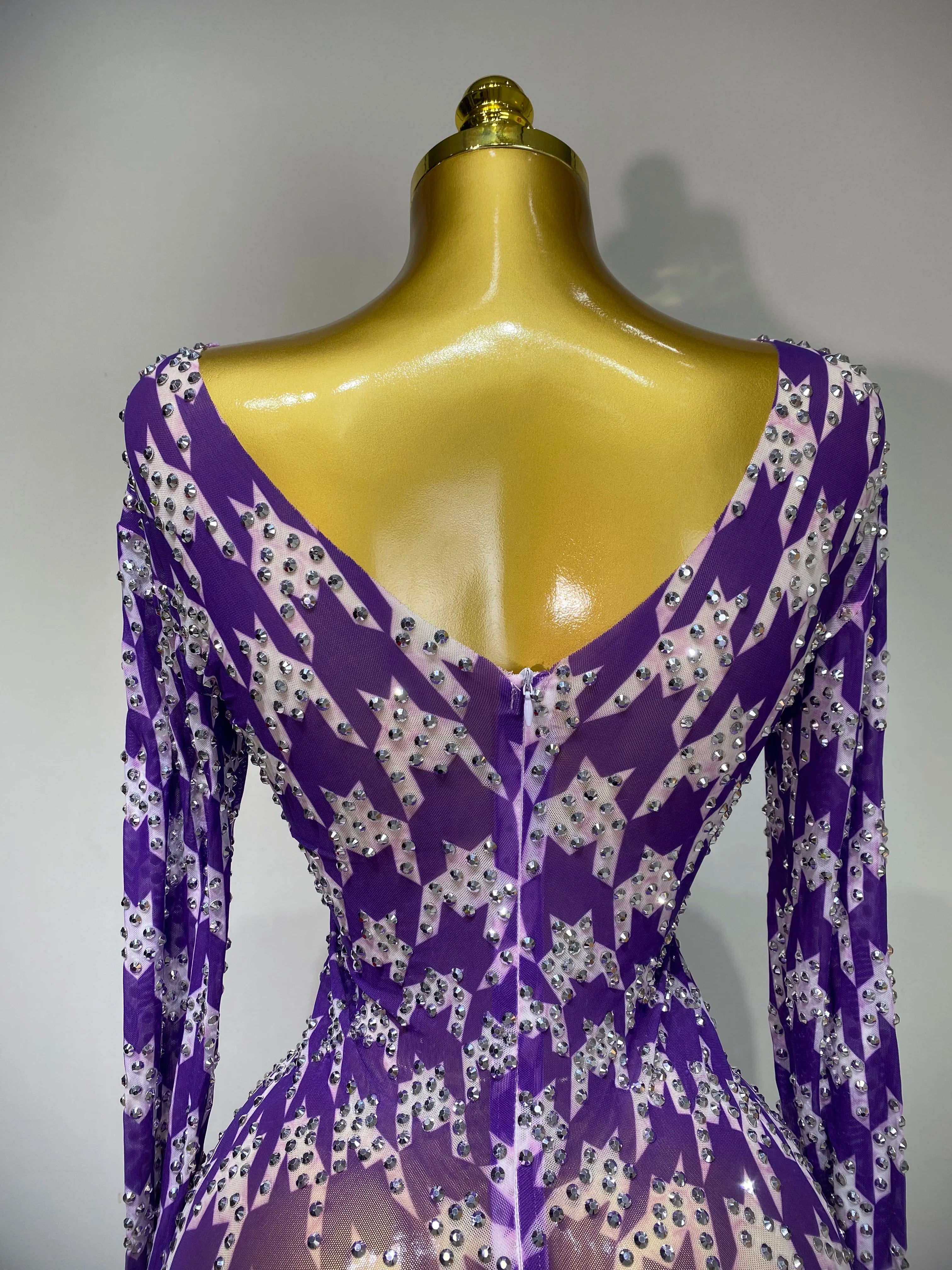 Sparkly Rhinestone Stretchy Mesh See Through Dress Women 2025 Performance Dancer Costume Luxury Birthday Nightclub Stage Outfit