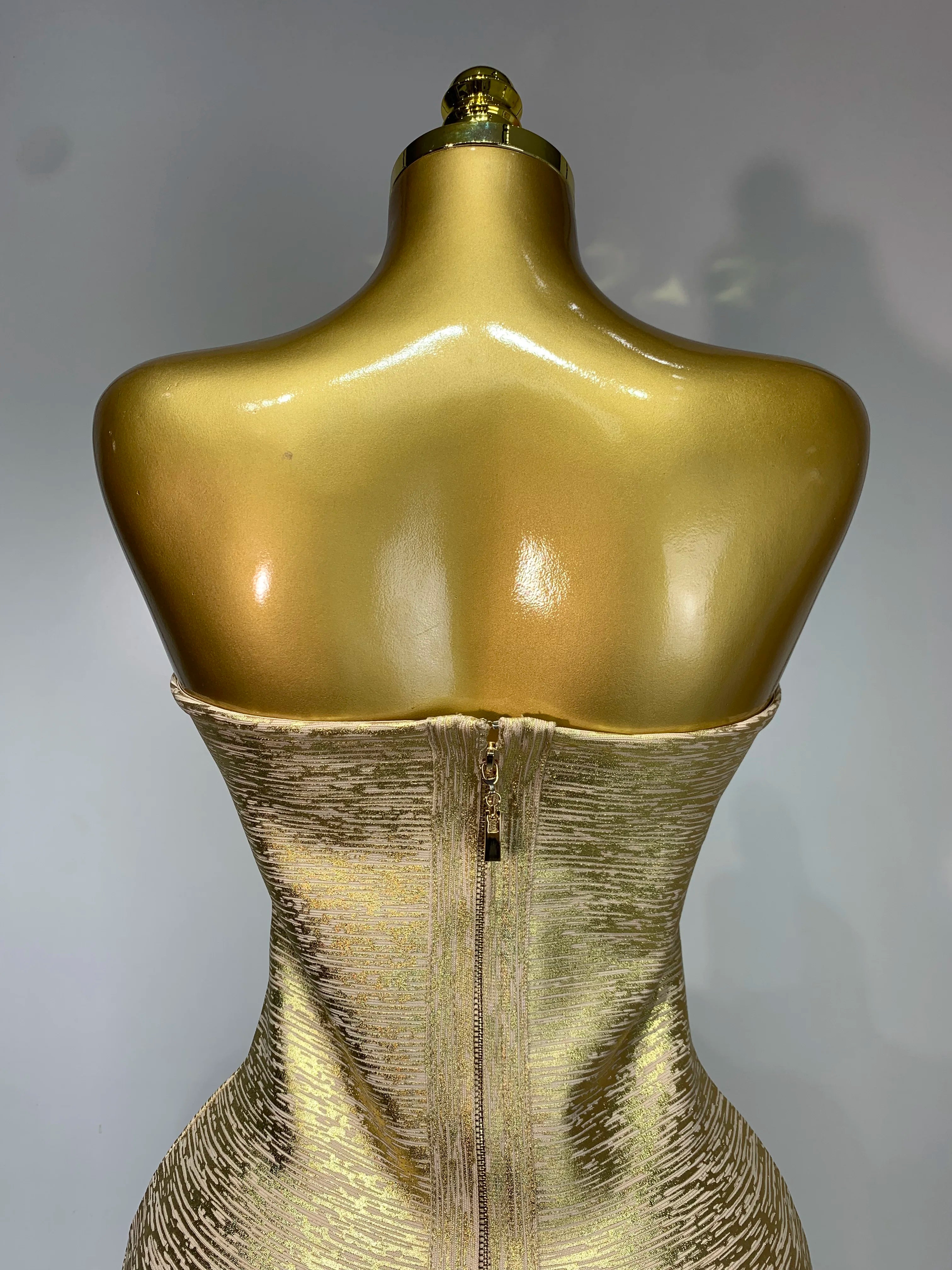 Women Sexy Gold Strapless Bodycon Bandage Dress 2025 Fashion Celebrate Evening Party Luxury Birthday Wedding Guest Dress