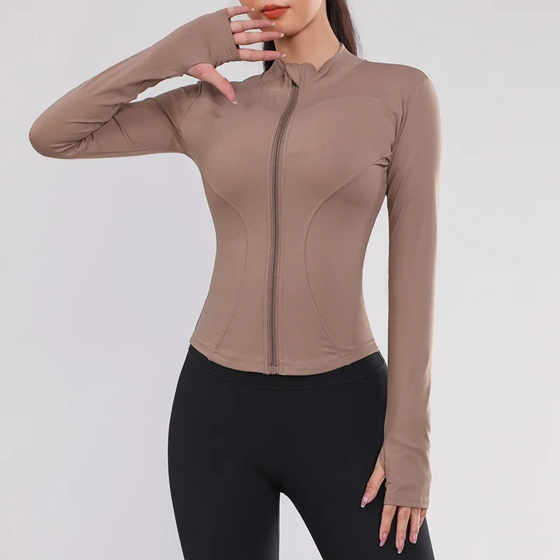 Women Gym Wear Solid Color Quick Drying Yoga Wear High Elasticity Fitness Jacket Ventilated Long Sports Shirt Women's Tracksuit khaki gym jacket