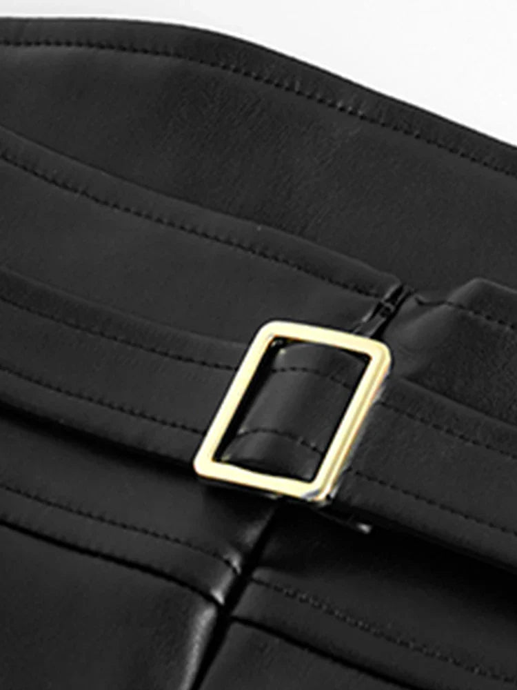 Lautaro Spring Midi Black Soft Pu Leather Pencil Skirt Women with Back Slit Belt High Waist Long Office Skirts Fashion 2022