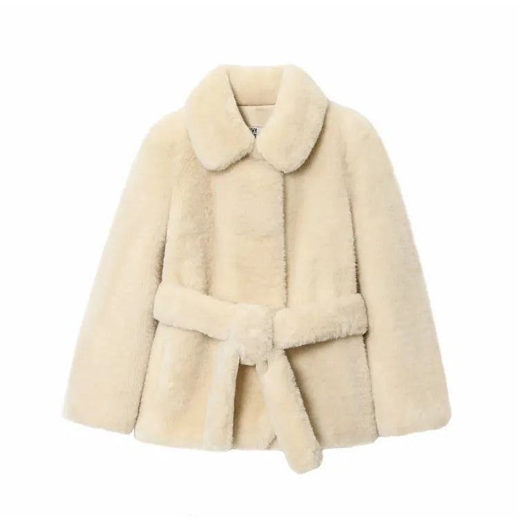 Women Thicken Faux Fur Coats For Autumn Winter Warm Long Sleeve Turn Down Collar Coats Chic New Belt Loose Jacket Street Tops