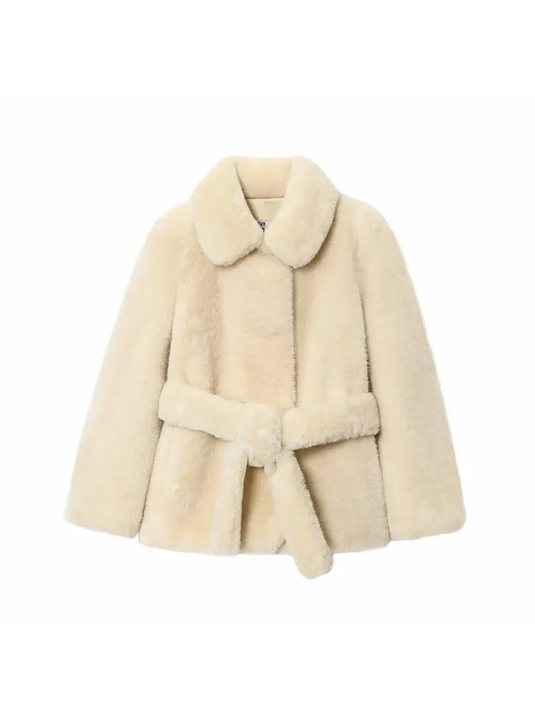 Women Thicken Faux Fur Coats For Autumn Winter Warm Long Sleeve Turn Down Collar Coats Chic New Belt Loose Jacket Street Tops