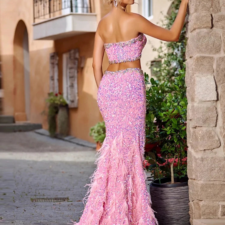 Pink Sparkly Sequins Long Dress Beaded Crystal Feather Embellished High Slit Straight Floor-length Prom Evening Gown Vestidos