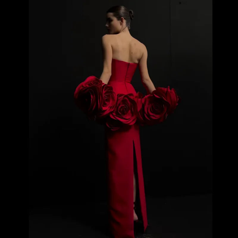 2025 Stereoscopic Flowers Strapless Bandage Ankle Length Evening Dress Fashion Woman Birthday Party Dress Celebrity Party Outfit