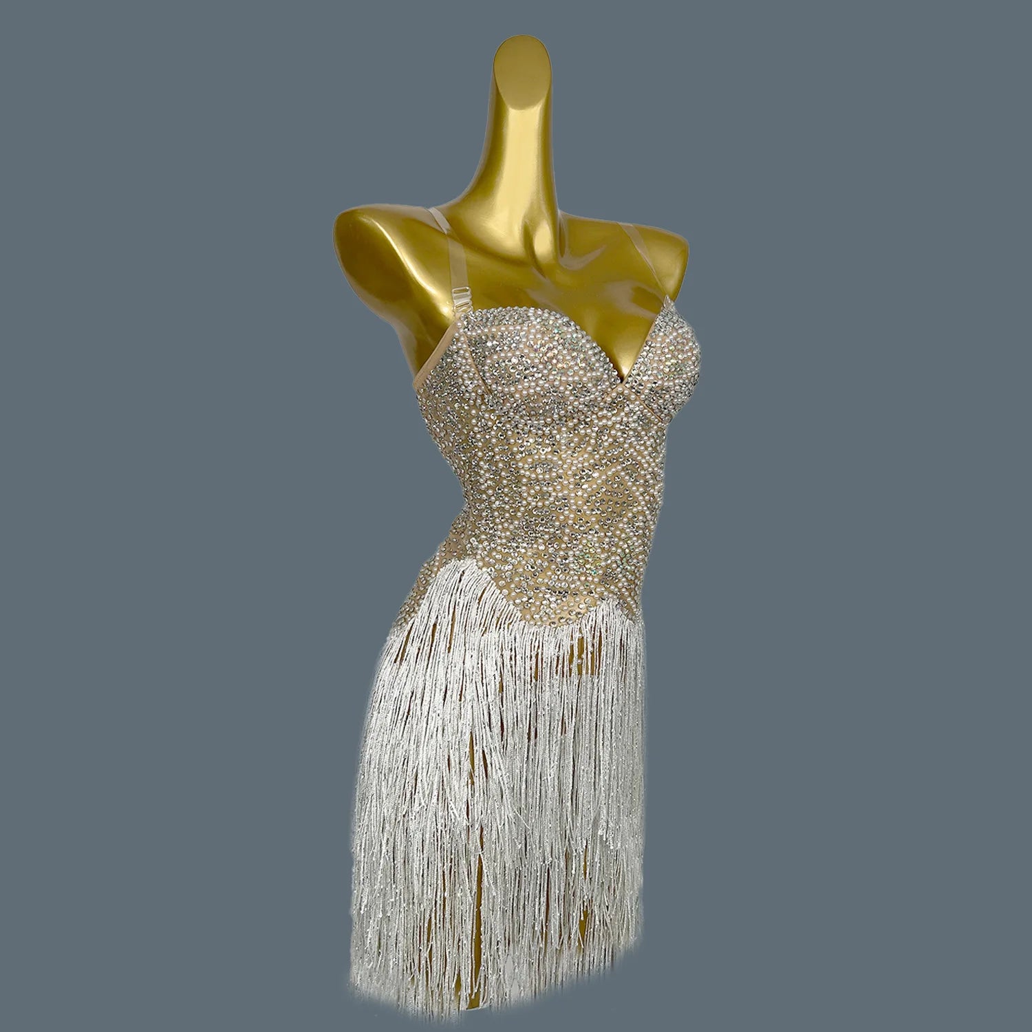 Pearls Rhinestone Strapless Tassel Mini Dress for Sexy Women Club Singer Show Dance Wear Birthday Party Carnival Dress Qiaqia