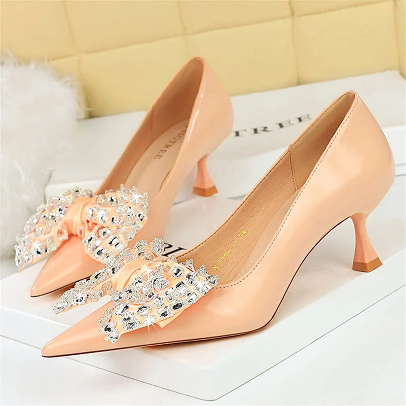 Women 5.5cm High Heels Green Pumps Lady Plus Size 34-43 Wedding Middle Low Kitten Heels Bling Crystal Rhinestone Party Bow Shoes Pink