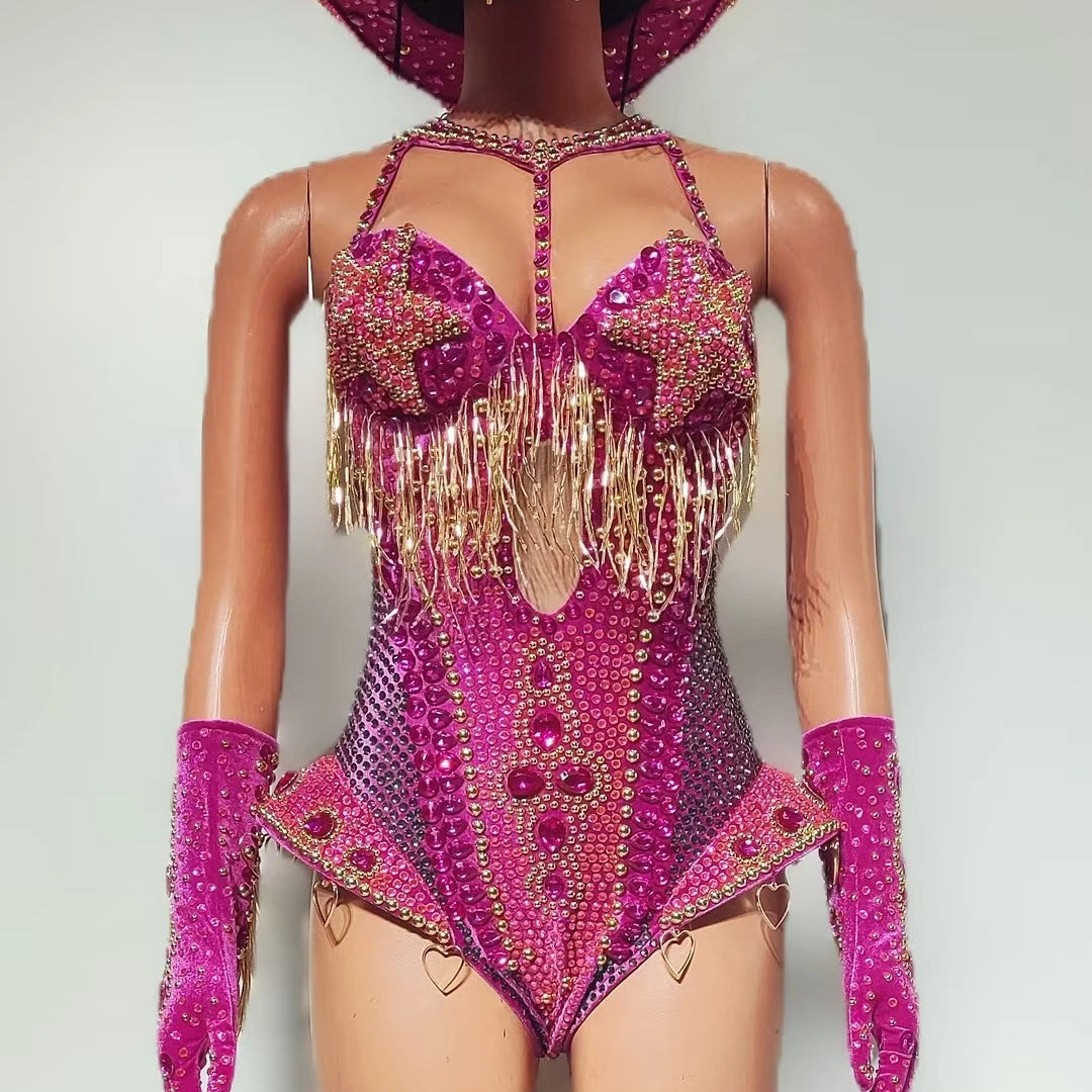 Luxury Women Crystals Tassel Bodysuit Set Cowboy Night Party Jumpsuit Stage Show Outfit Festival Celebrate Sexy Wear Hongding
