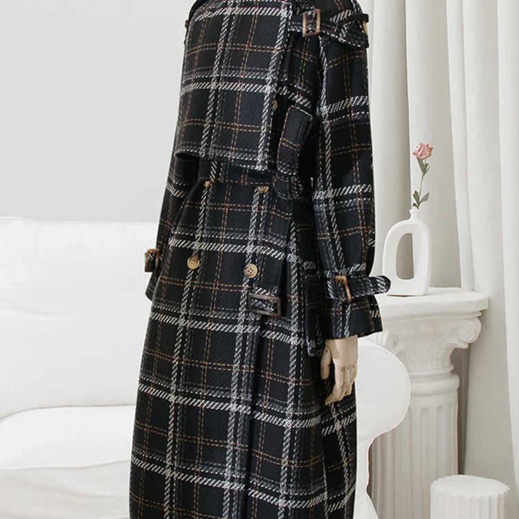 Autumn Winter Long Loose Warm Plaid Wool Blends Trench Coat for Women Raglan Sleeve Belt Double Breasted Woolen Overcoat Black