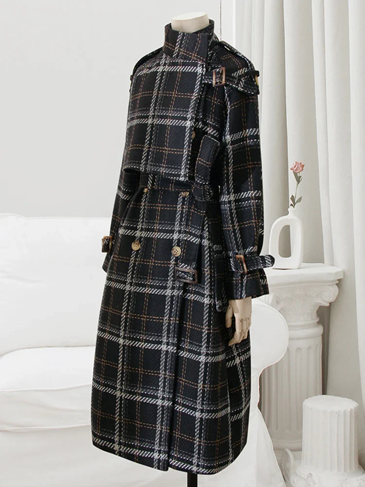 Autumn Winter Long Loose Warm Plaid Wool Blends Trench Coat for Women Raglan Sleeve Belt Double Breasted Woolen Overcoat Black