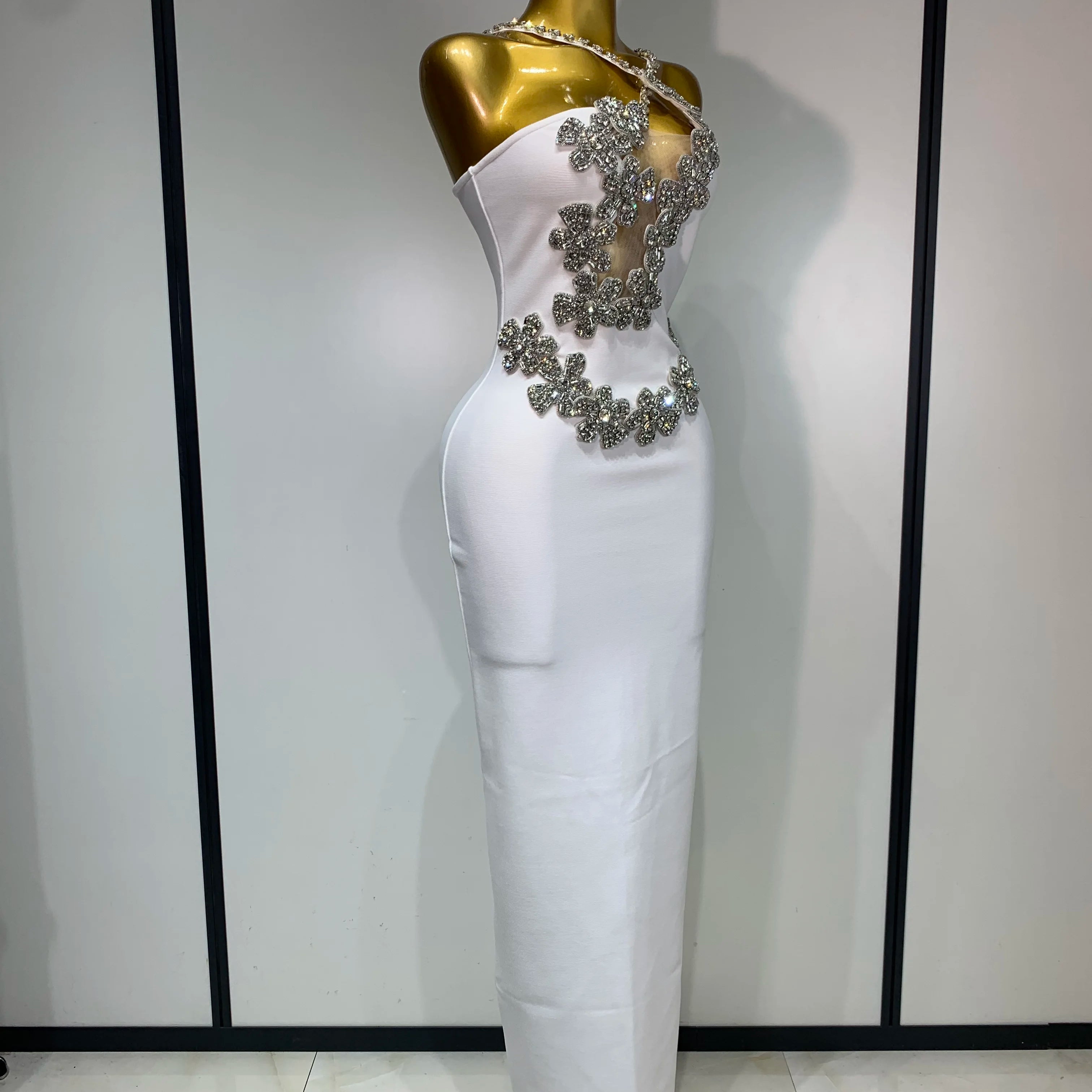 Women Sexy Shining Beading White Maxi Long Bodycon Bandage Dresses Celebrity Birthday Evening Party Elegant Knitted Clothing