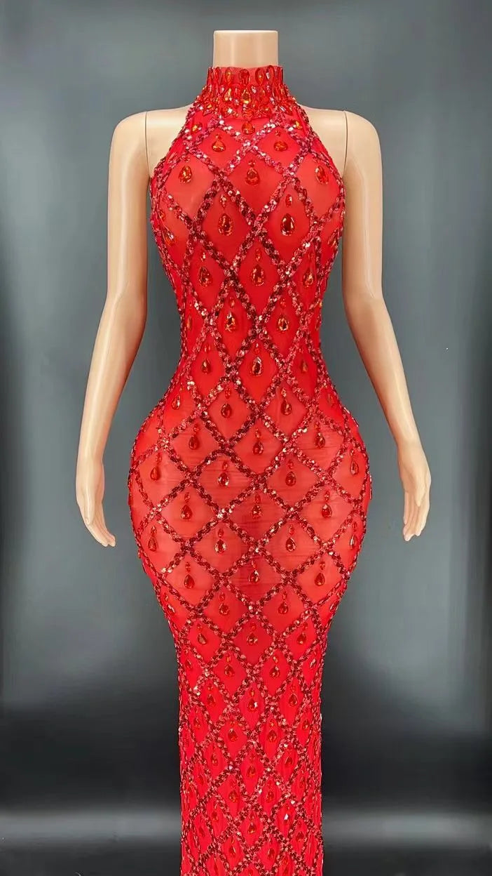 Flashing Silver Rhinestone Crystals Fringes Transparent Short Dress Birthday Celebrate Costume Evening Dancer Dress Red